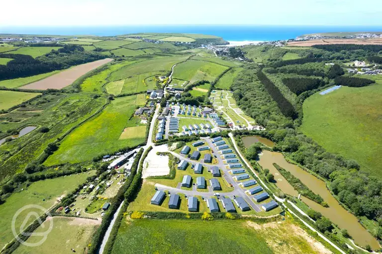 Aerial of Sun Haven Holiday Park with views towards Mawgan Porth