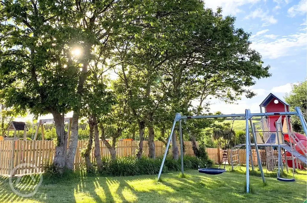 Play area with a climbing frame and swings