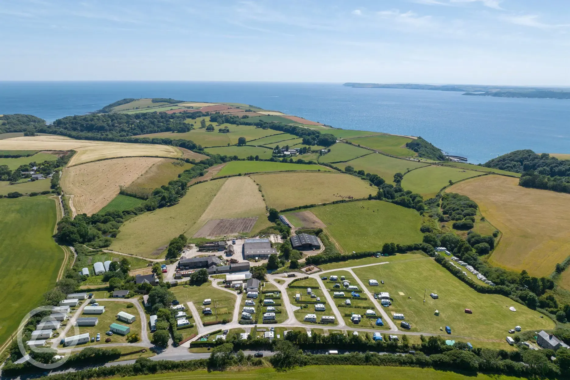 Aerial of the campsite and the Cornish coast