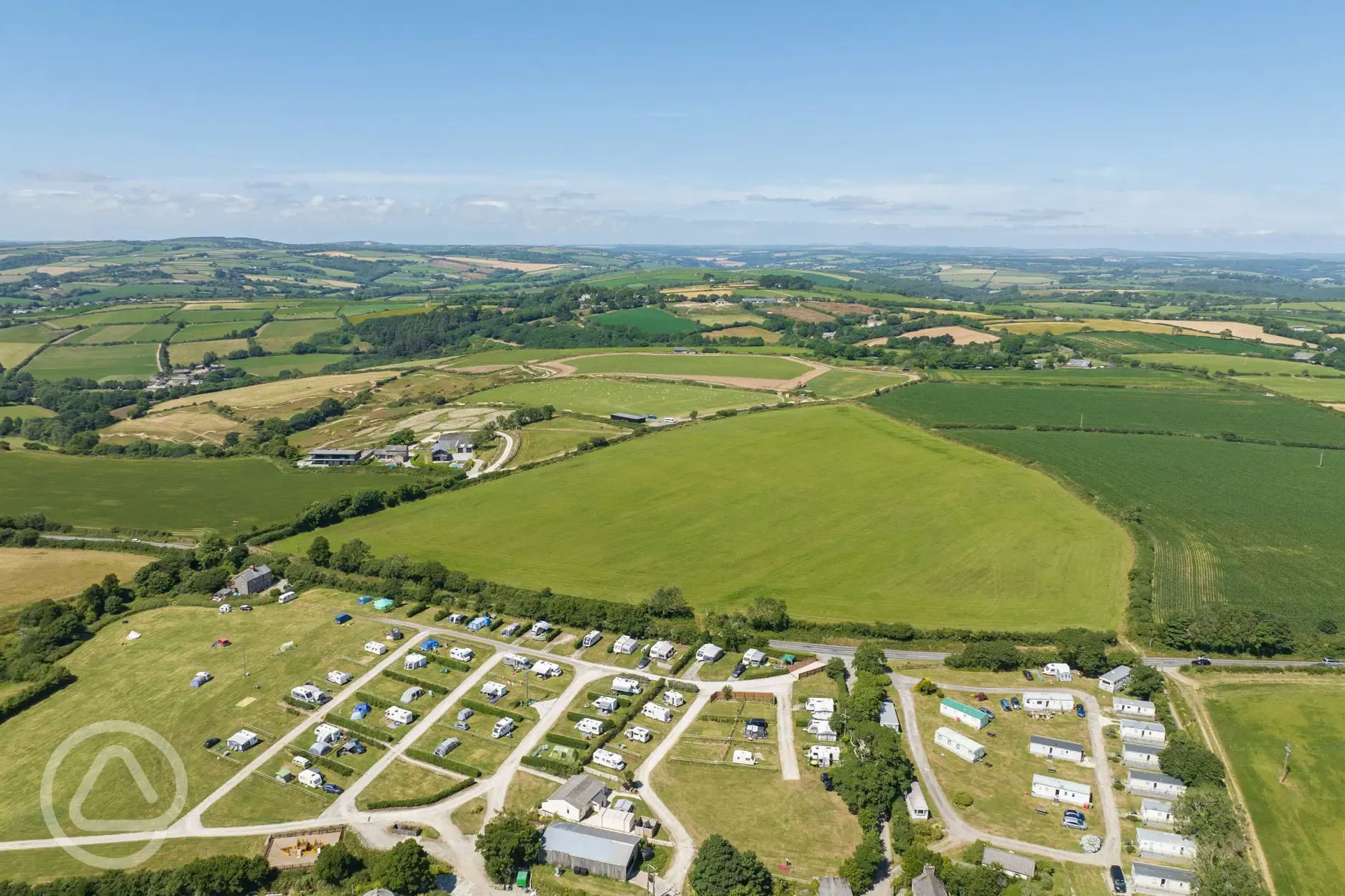 Aerial of the campsite and the Cornish countryside