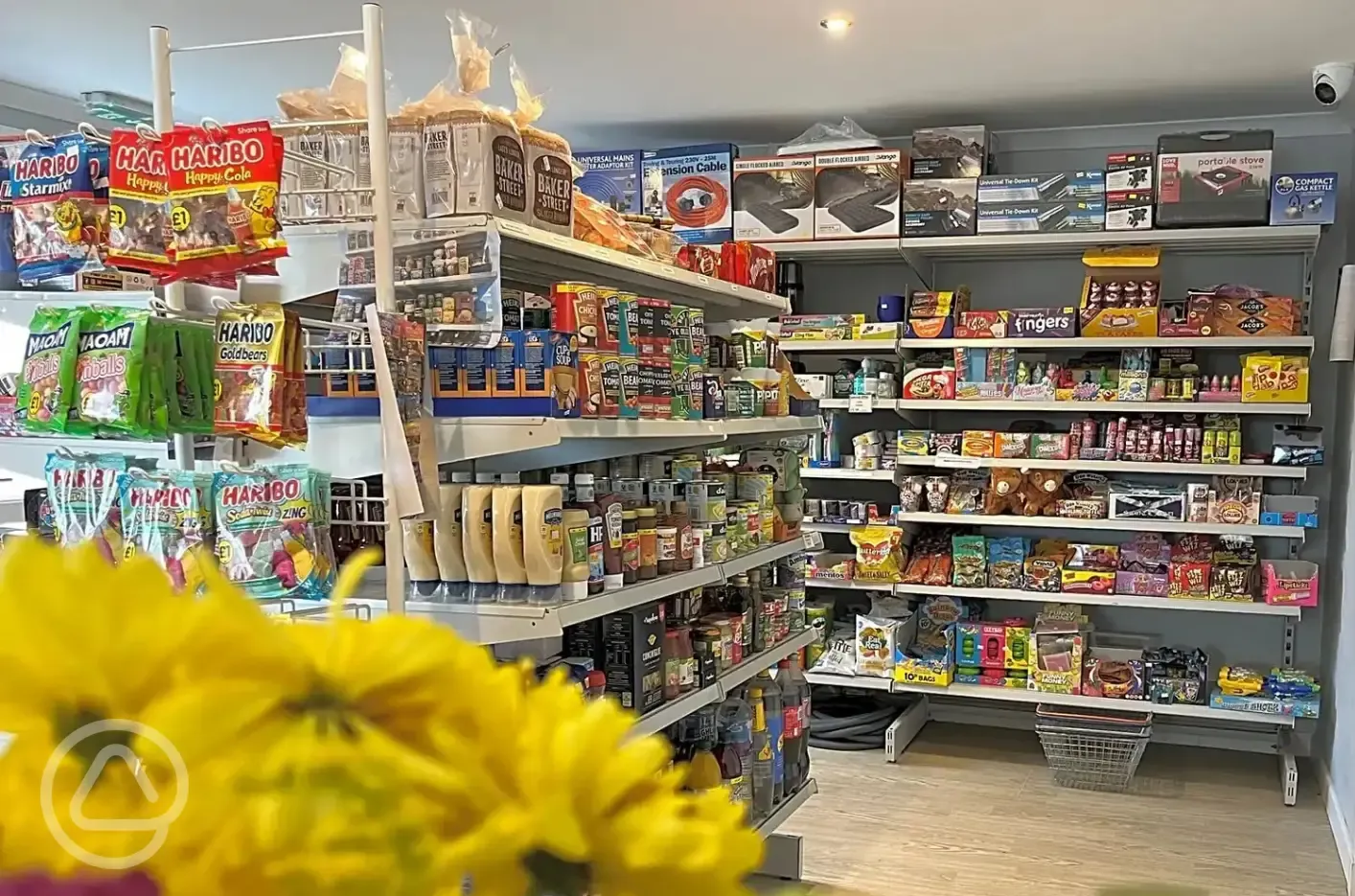 Onsite shop with essential items and vegetarian and vegan food and drink