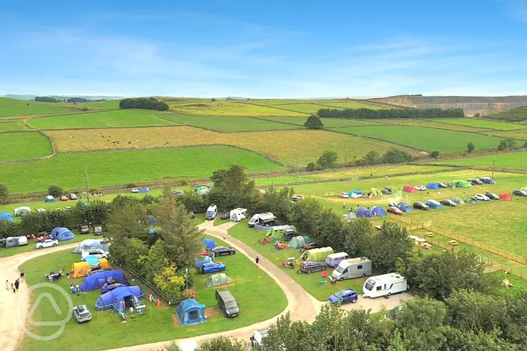 Aerial of Pomeroy Caravan Park with views of the surrounding countryside