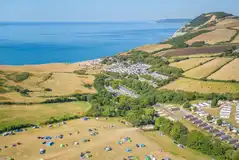 Aerial of Big Berries non electric grass pitches with views of Seatown Beach