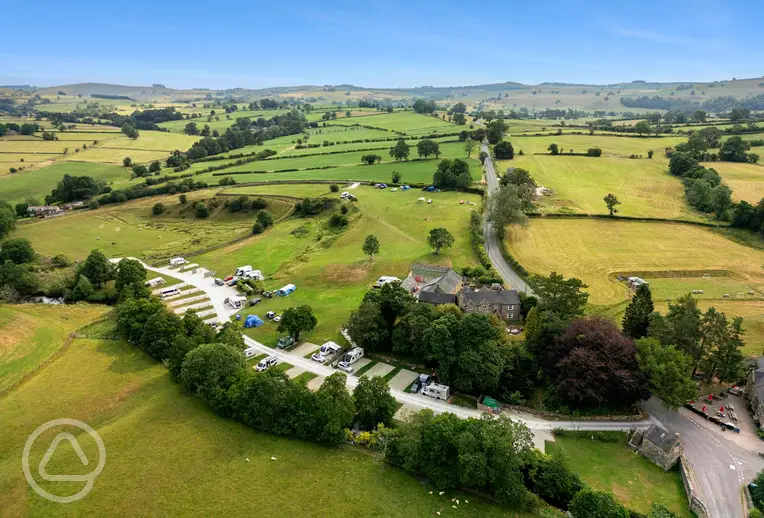 Aerial view of Bank House Farm and the surrounding Peak District countryside