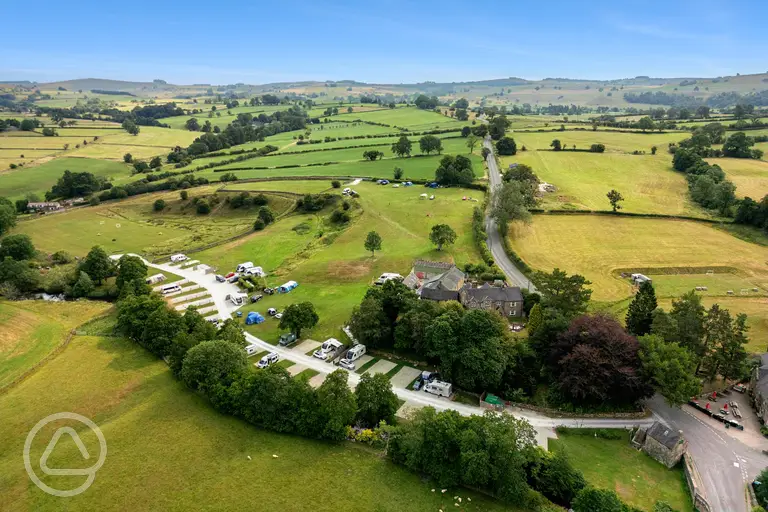 Aerial view of Bank House Farm and the surrounding Peak District countryside