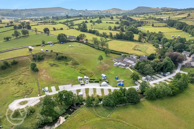 Aerial view of Bank House Farm and the surrounding Peak District countryside