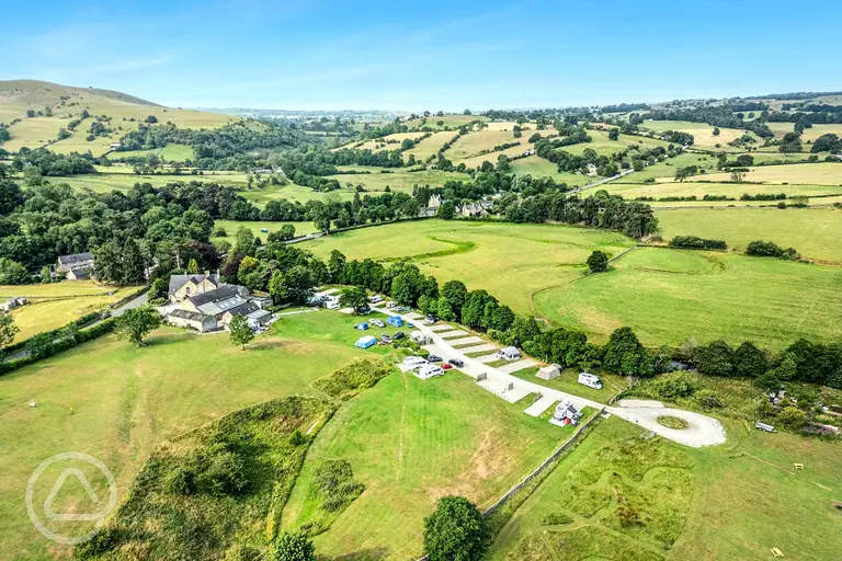 Aerial view of Bank House Farm and the surrounding Peak District countryside