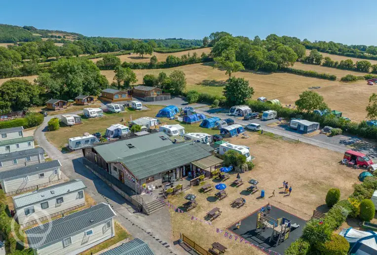 Aerial of the campsite with Lodge Bar, Grill and Restaurant and play park