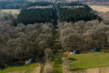 Aerial of the Hill Farm geodomes