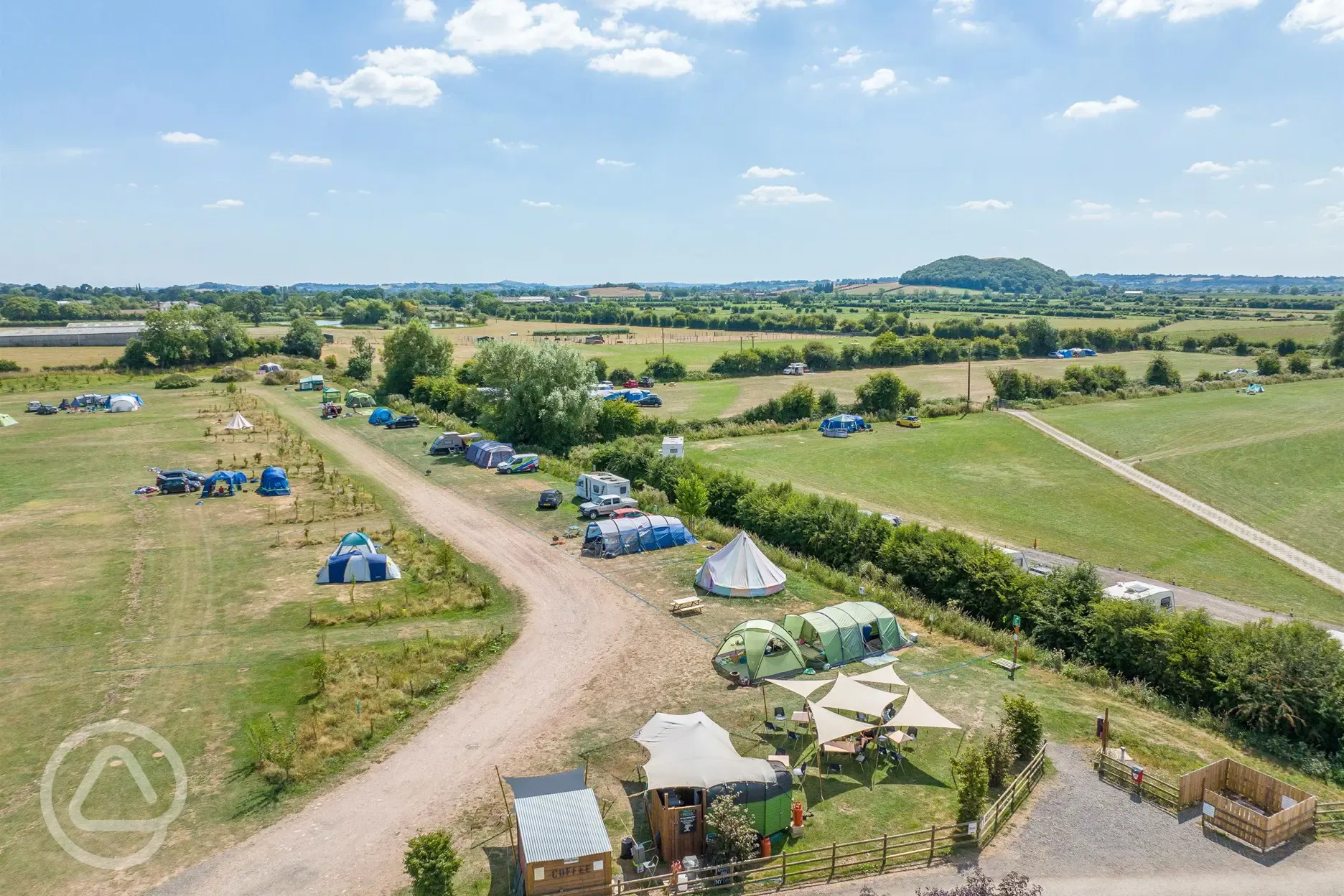 Campsite aerial overlooking the Somerset countryside