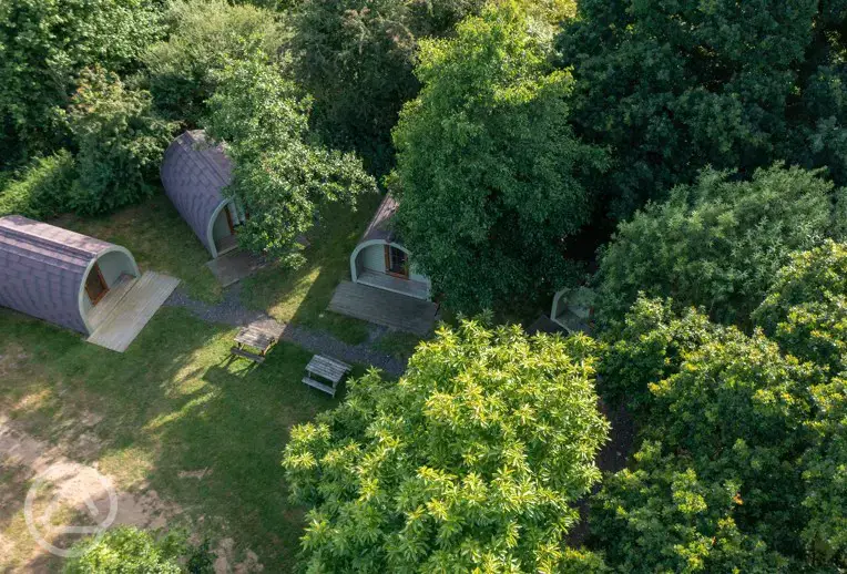 Aerial of the glamping pods