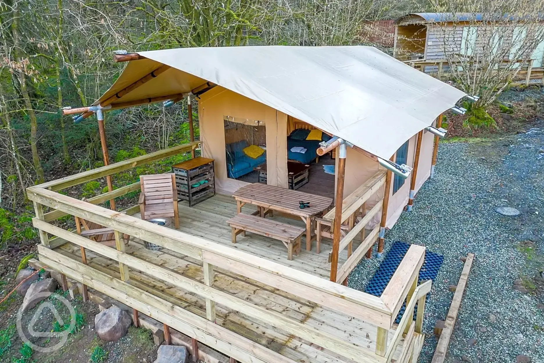 Safari tent exterior with decking area