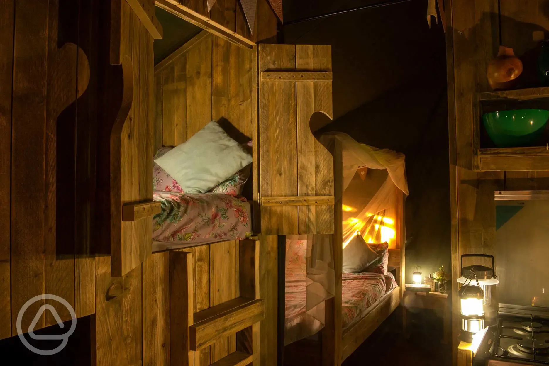 Safari tent interior at night