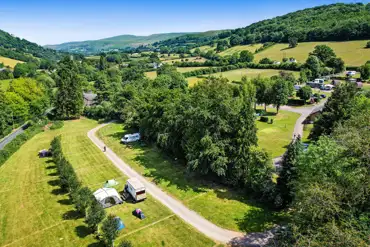 Aerial of the grass pitches at Cwmdu Campsite