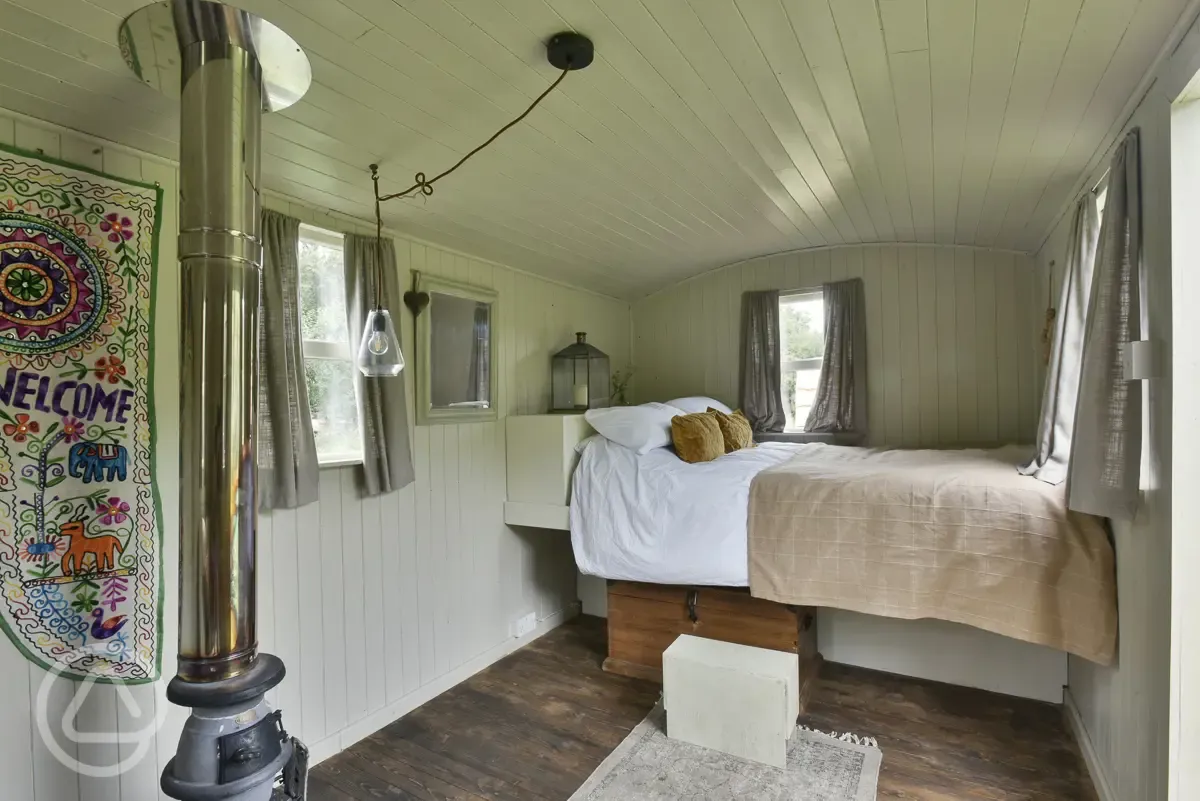 The Herdwick shepherd's hut interior with a double bed