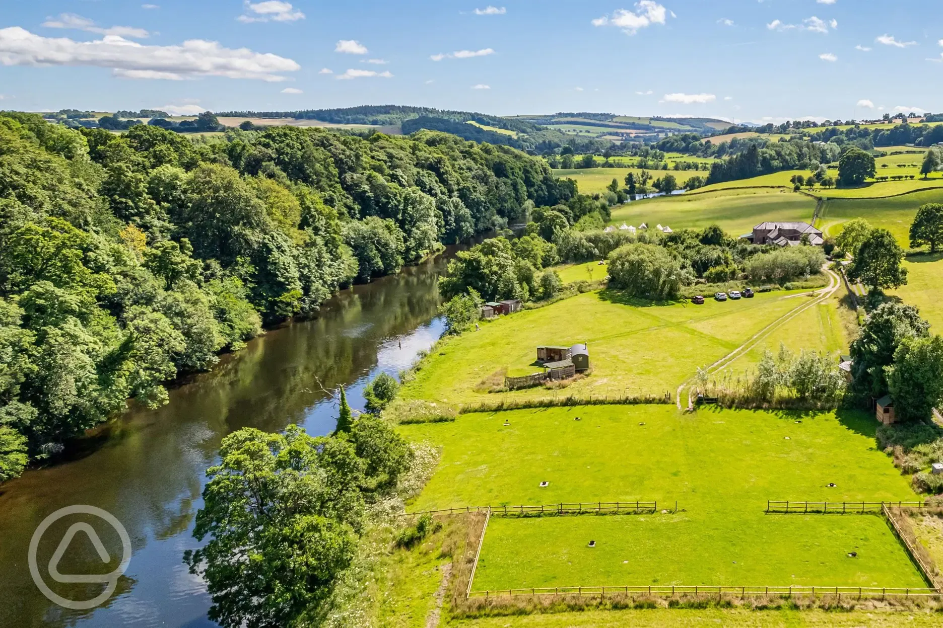 Aerial of the campsite on the banks of the River Eden