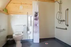 Accessible bathroom with grab rails and spacious shower Accessible bathroom with grab rails and spacious shower