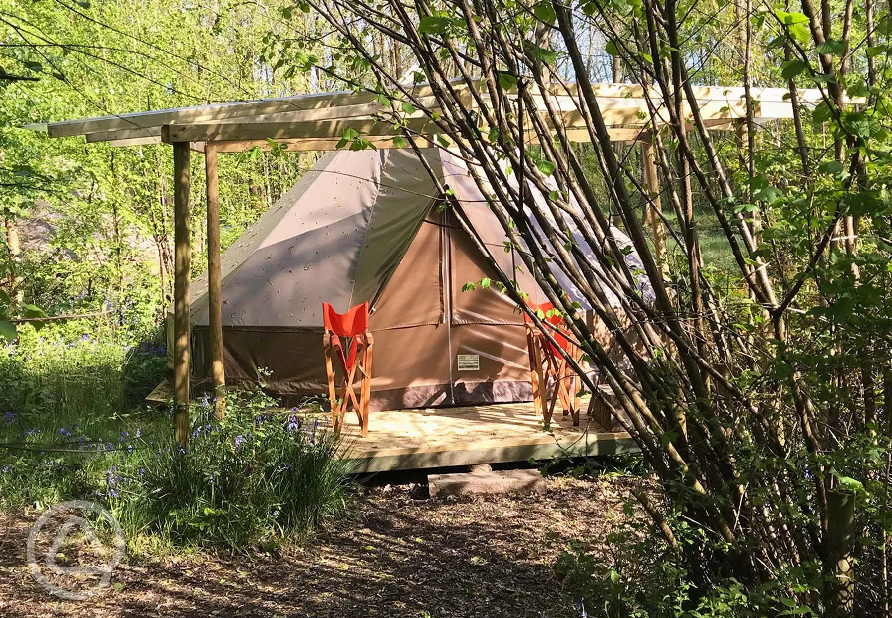 Wild glamping bell tent with covered decking area