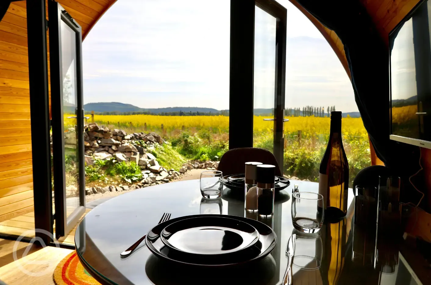 Glamping pod dining table and view