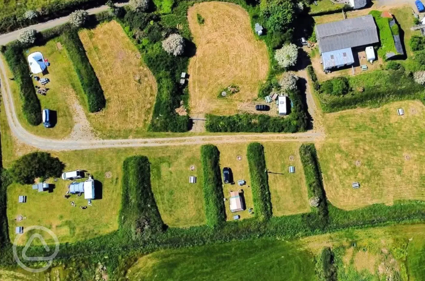 Birds eye view of grass pitches at Abercastle Campsite