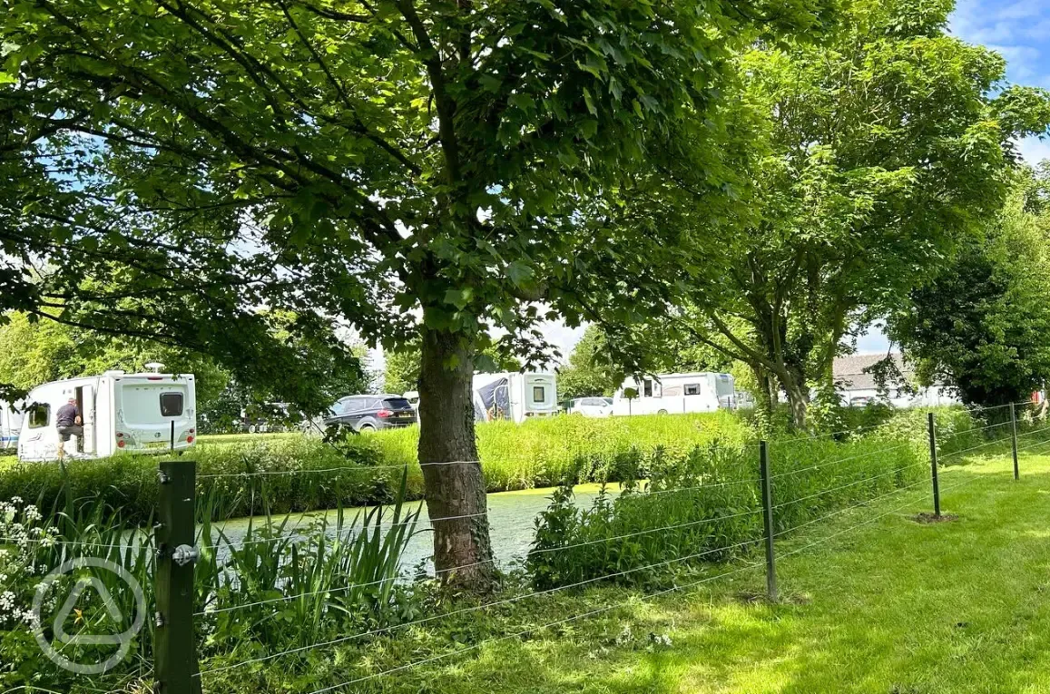 Grass pitches by the pond