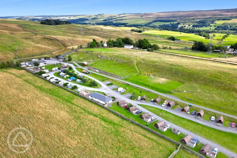 Aerial of Herding Hill Farm Touring, Camping and Glamping Site in Northumberland