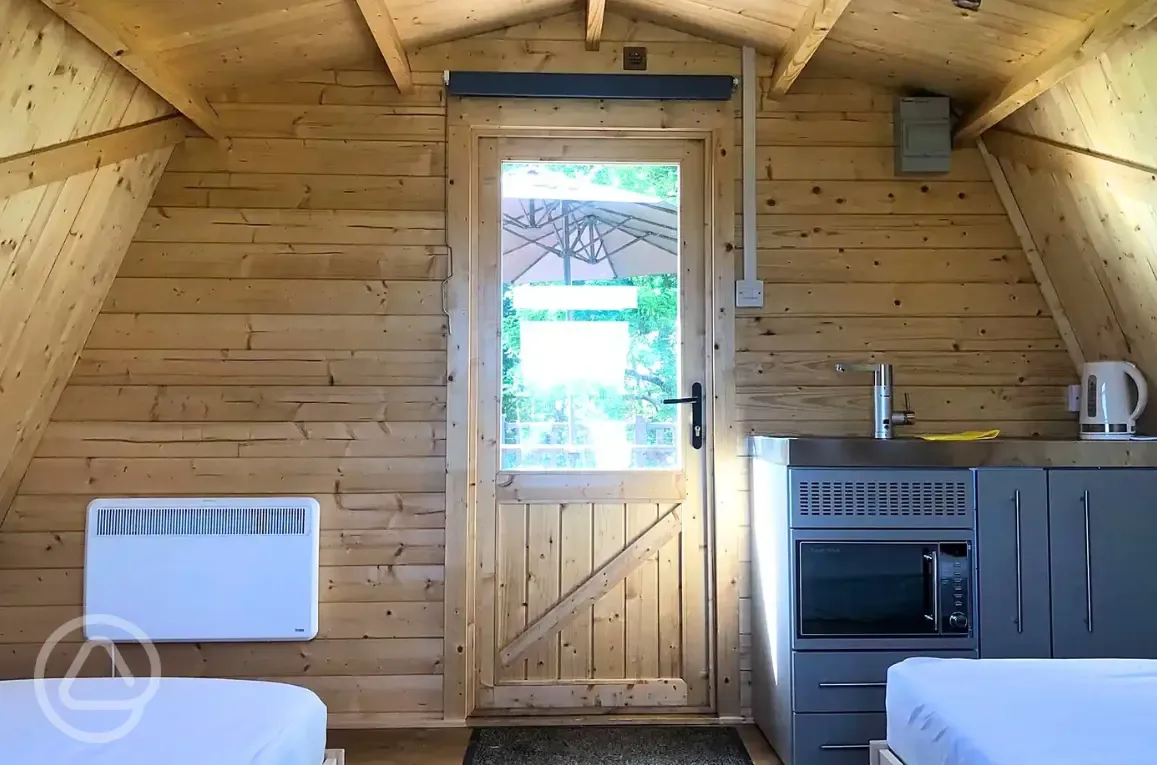 Glamping pod kitchen area