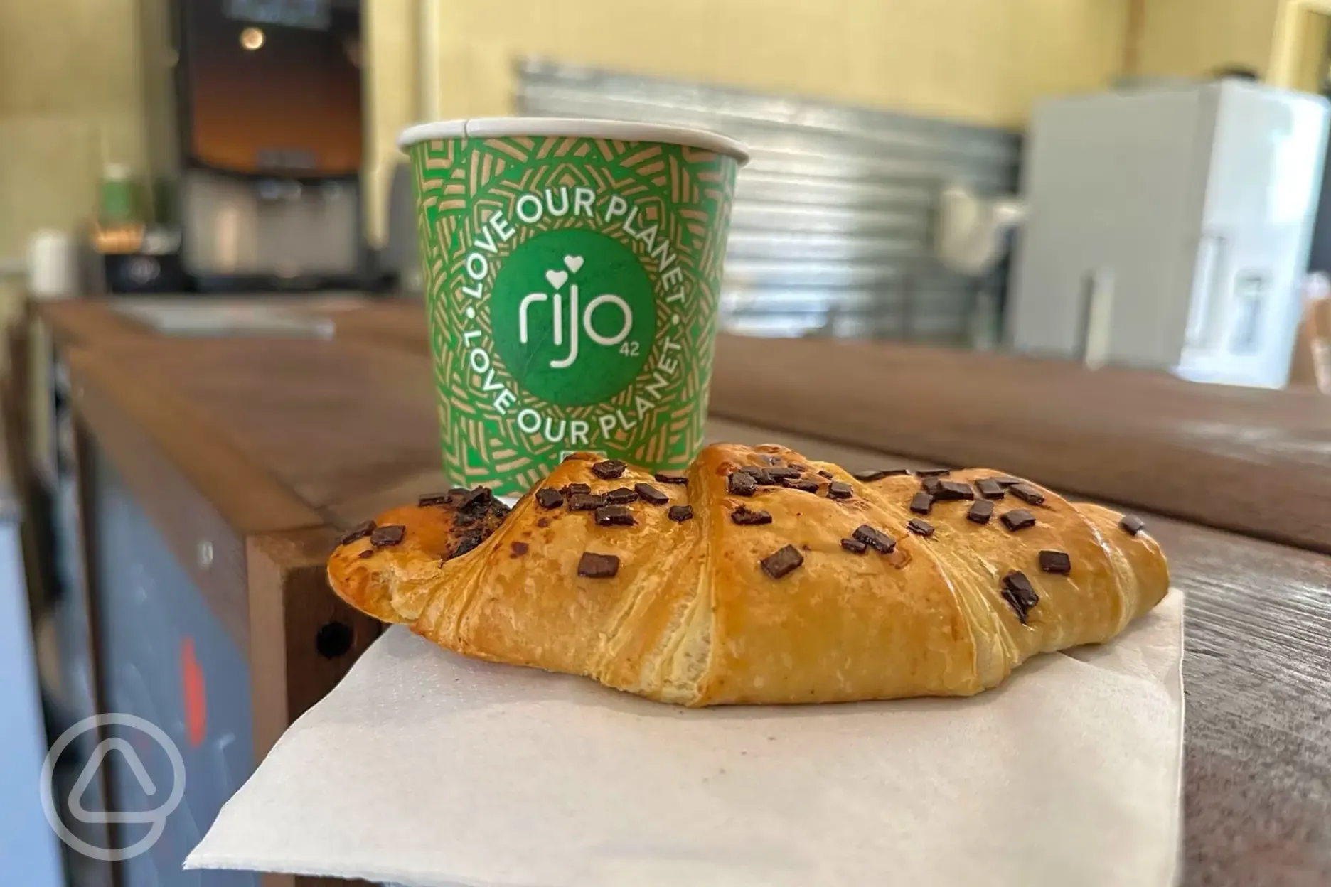 Morning coffee and chocolate croissant from the cafe
