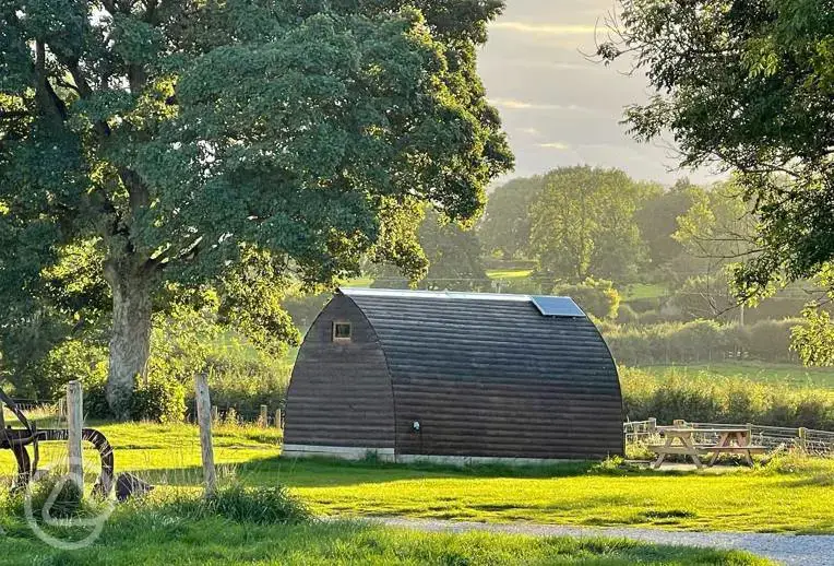 Camping pod with countryside views