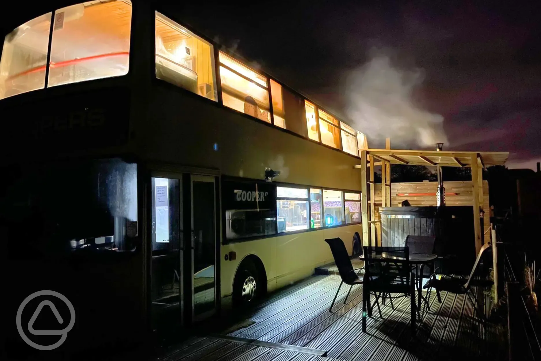 Double decker Dennis converted bus with a private hot tub