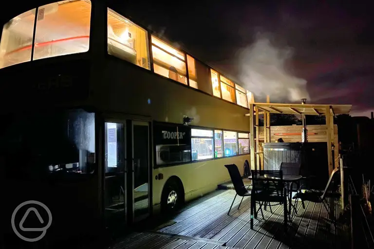 Double decker Dennis converted bus with a private hot tub