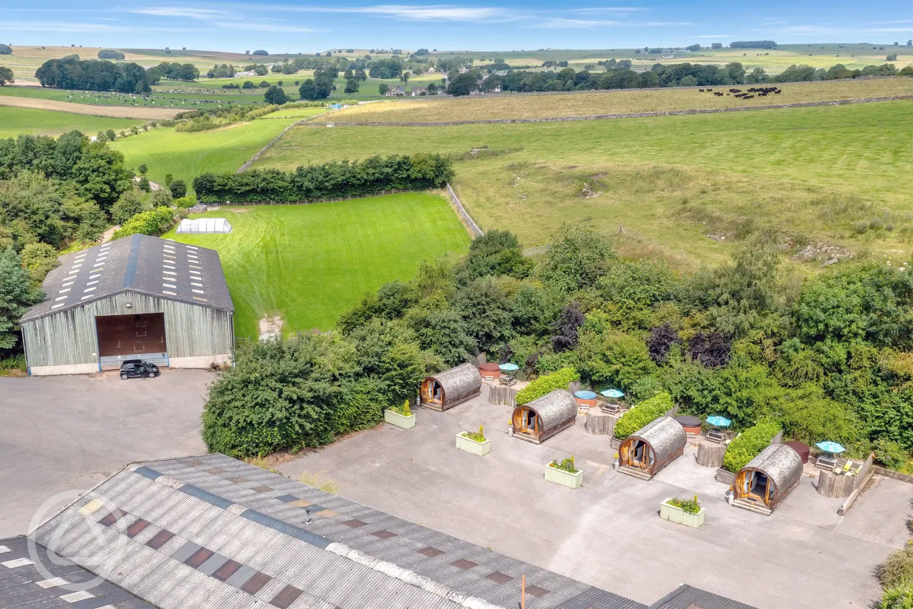 Aerial of the glamping pods (adult only) at Knotlow Farm