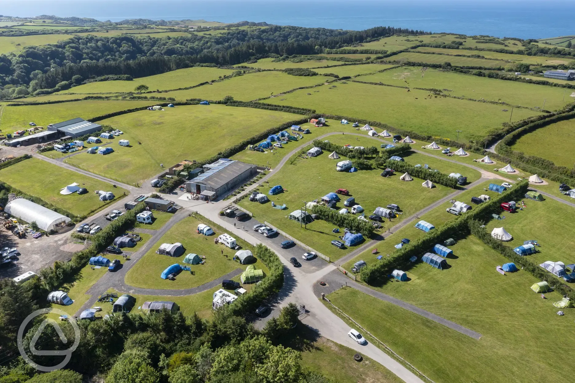 Aerial view of the campsite surrounded by countryside