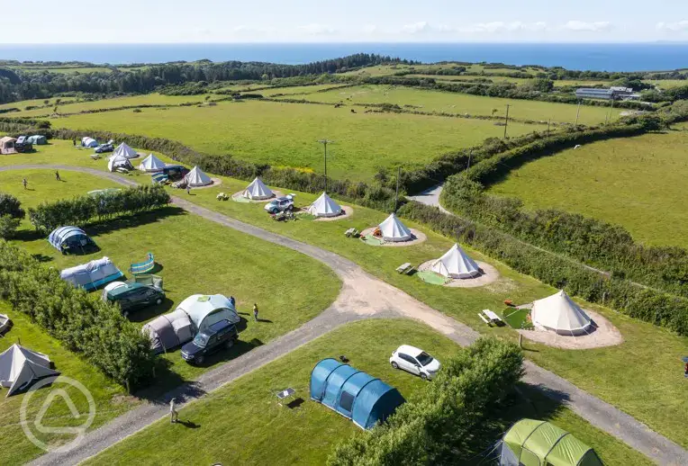 Aerial view of the bell tents at Lee Meadow Farm