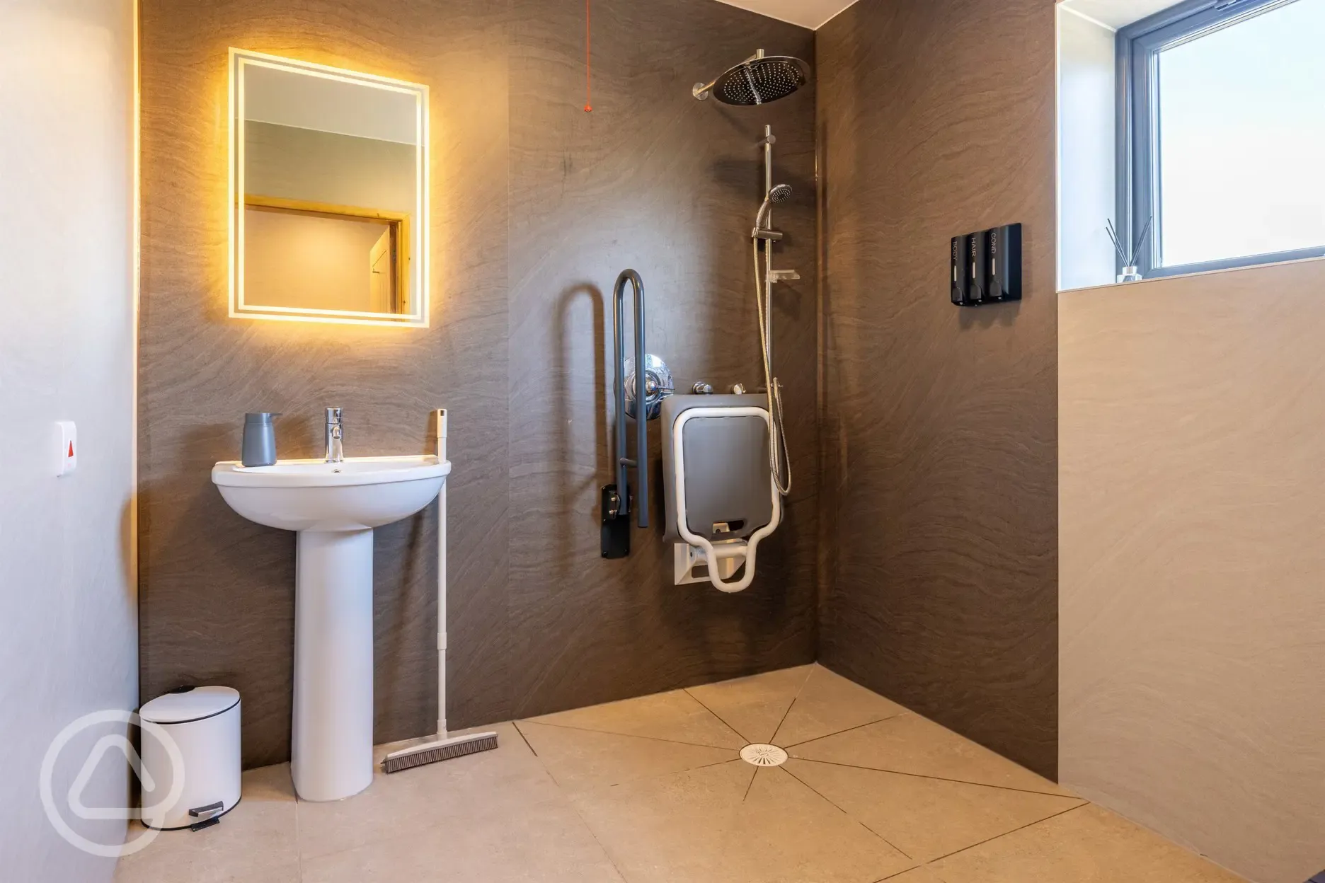 Accessible shower with fold-down seat and grab rail