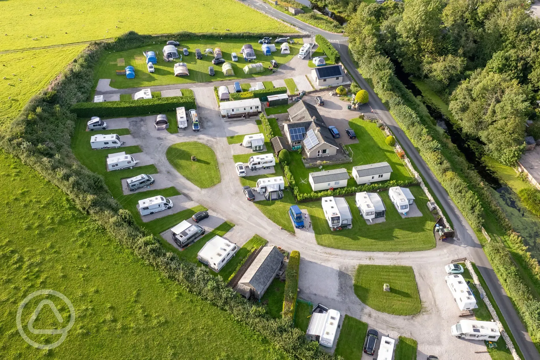Bird's eye view of Little Acre Holiday Park and the Lancaster Canal