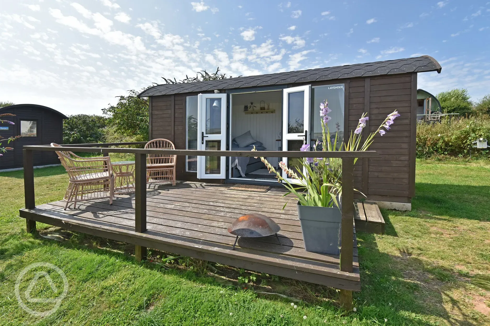 Lavender glamping pod decking