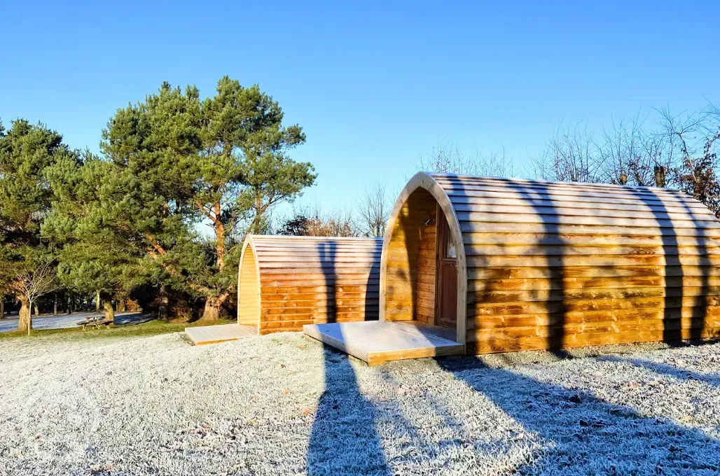 Camping pods in the snow