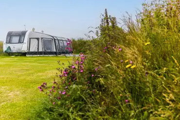 Caravan on non electric grass pitch secluded by bushes with awning space