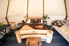 TipeeCo Tipi interior with king size bed and two single beds