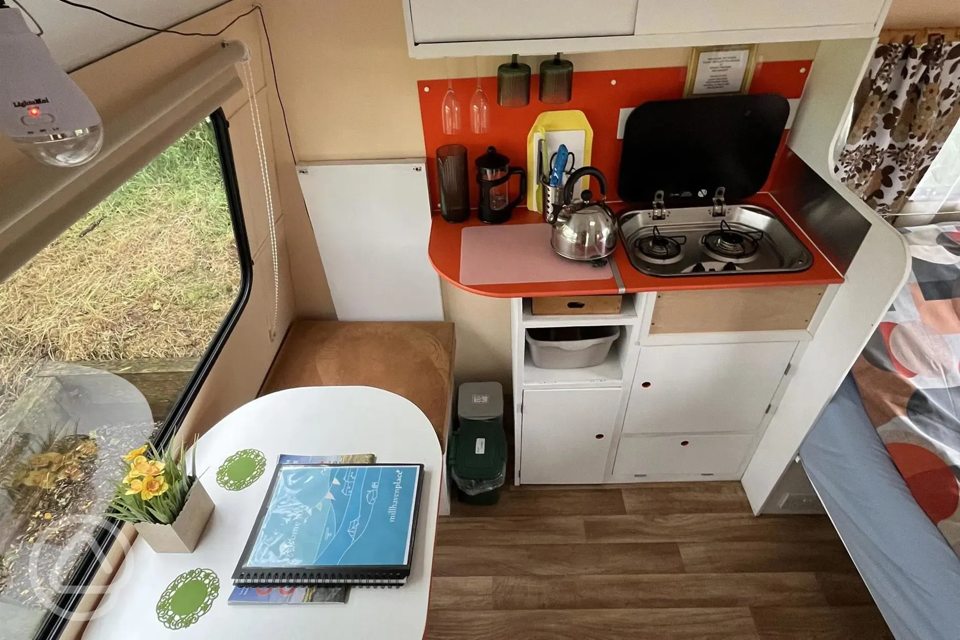 Vintage Bubble caravan kitchen and seating area