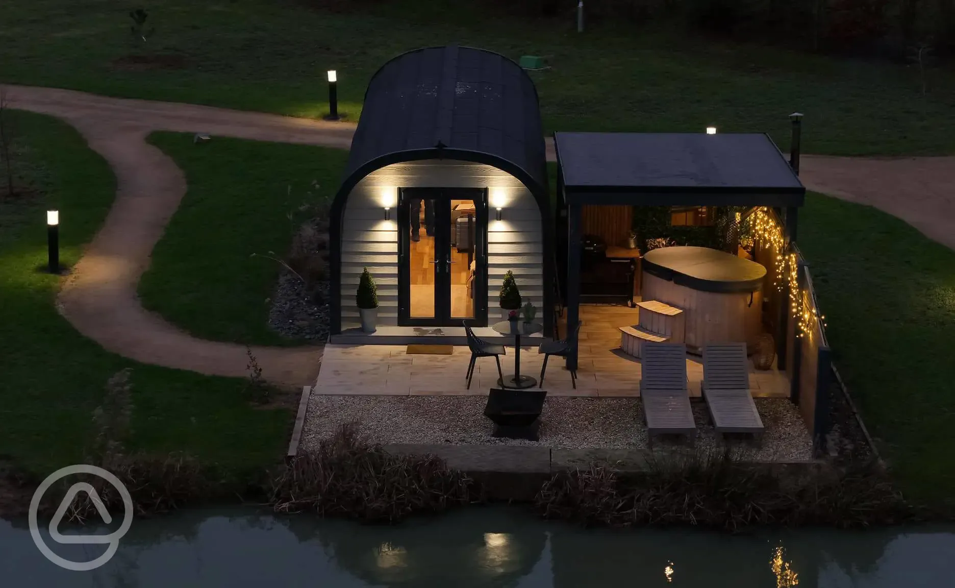 Glamping pod at night