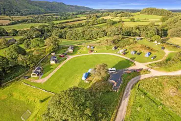 Aerial of the pitches and pods at Parkgate Farm Holidays