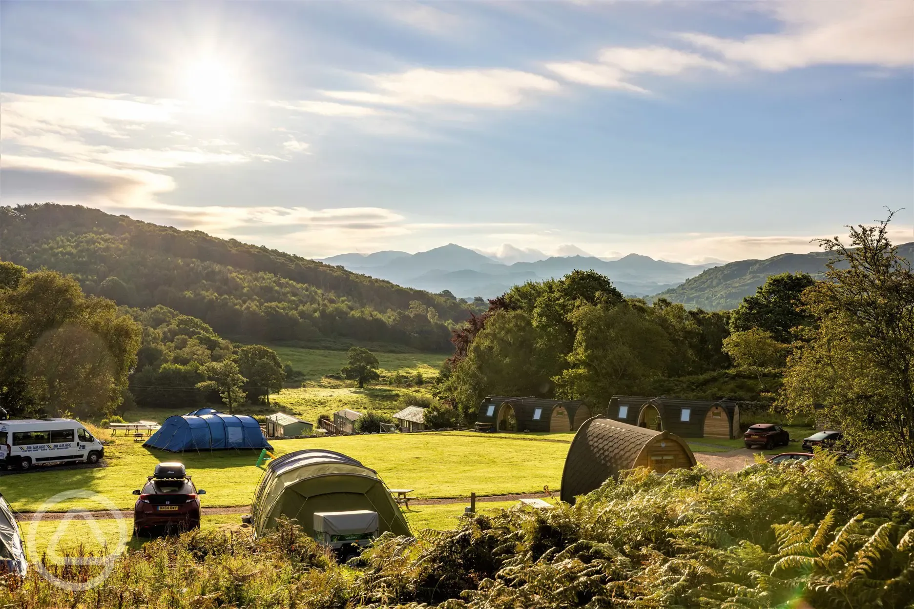 Views from the grass pitches and camping pod