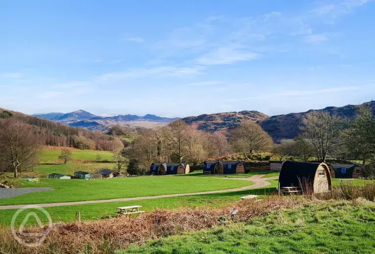 Camping pods with countryside views