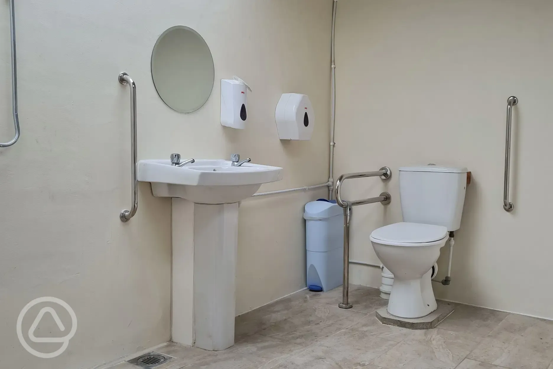 Accessible bathroom with grab rails, toilet and shower