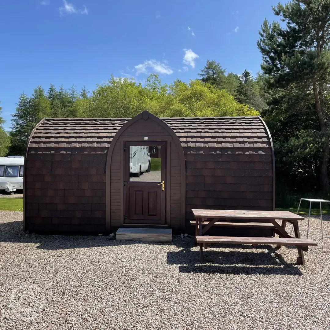 Family ensuite hiker pod with double bed, two single beds and a single bunk bed