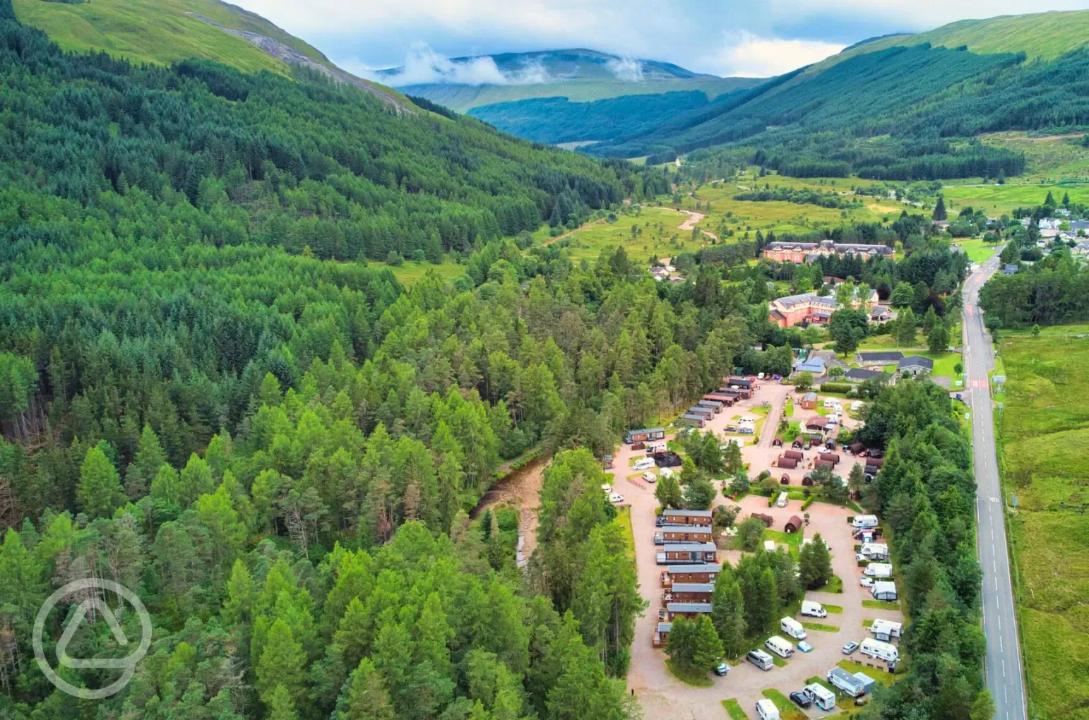 Aerial of the campsite and surrounding woodland and landscapes