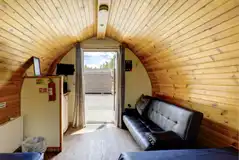 Large hiker pod with sofa bed interior, sleeping up to five and dog friendly