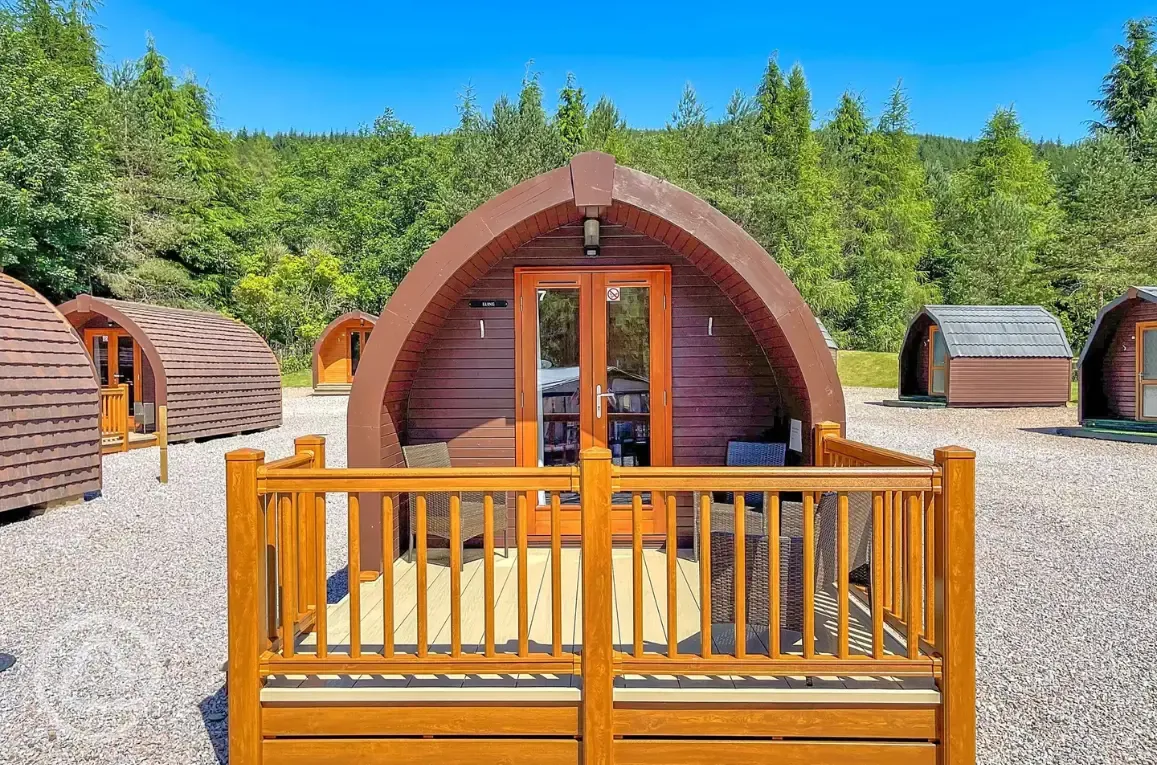 Large ensuite hiker pod exterior with decking, sleeping two and dog friendly